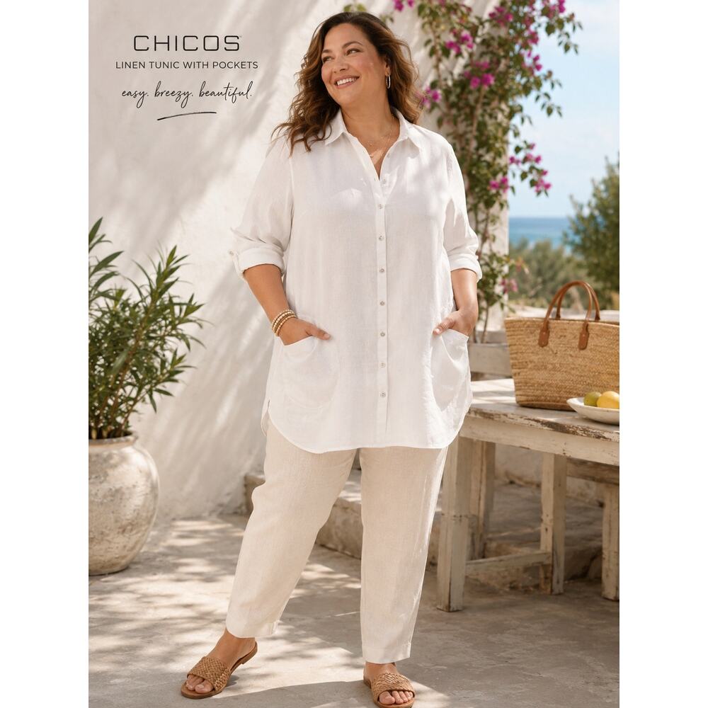 Chicos White Linen Tunic Roll Tab Sleeves with pockets, beach coastal resort